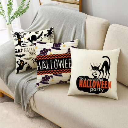 Fashion Halloween Cartoon Dwarf Cat Pumpkin Pattern Linen Throw Pillowcase Decorative Cushion Cover For Sofa Livingroom Party
