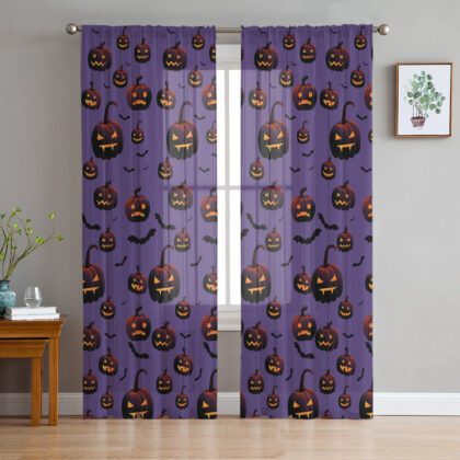 Halloween Pumpkin Bat Purple Transparent Tulle Curtain